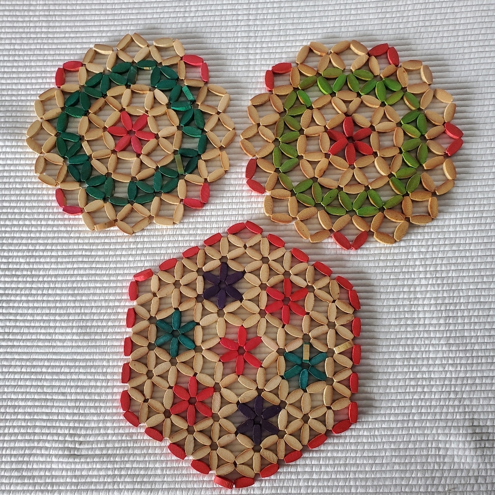 3 Vintage Wood Trivets Hot Plate Boho Multi Colour Wall Art Round Hexagon